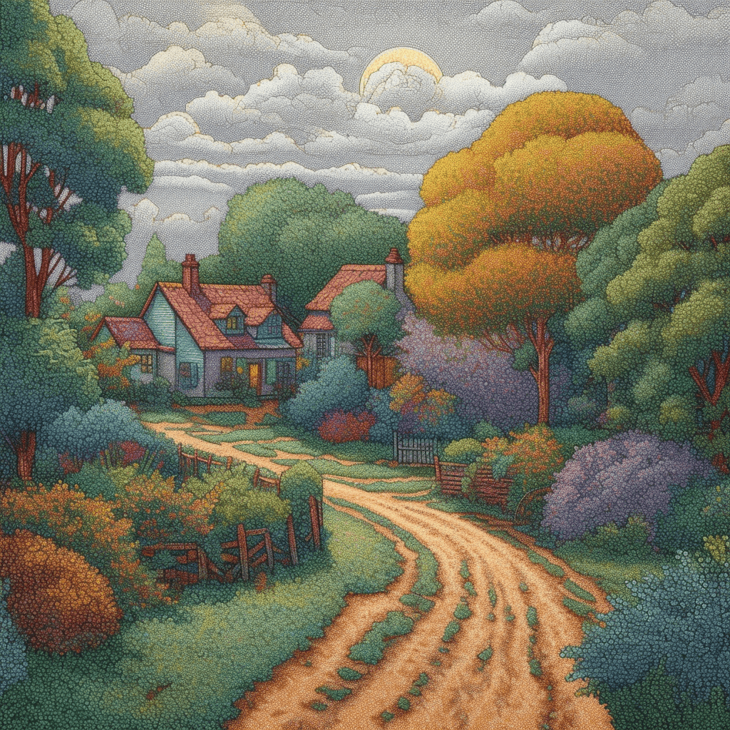 Pointillism painting of a country scene