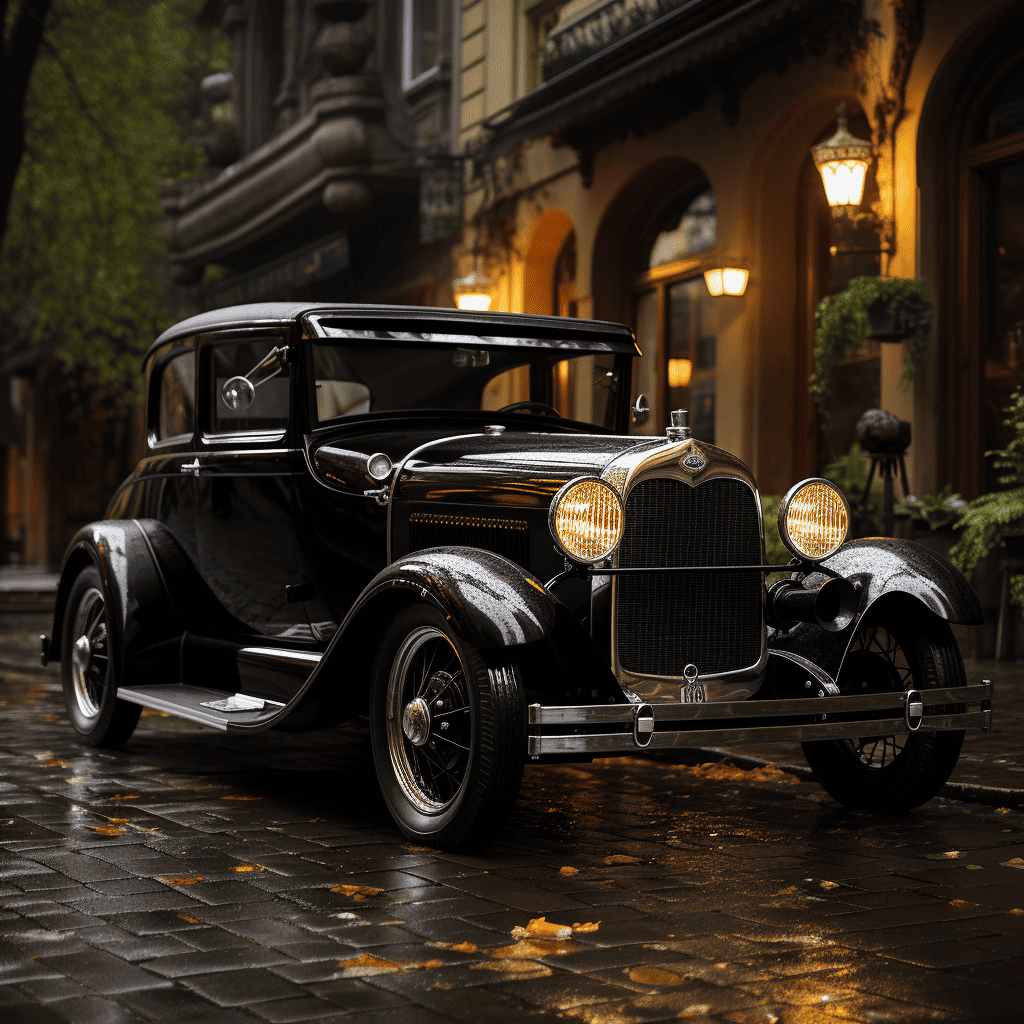 classic 1920's black automobile on a rainy street at night