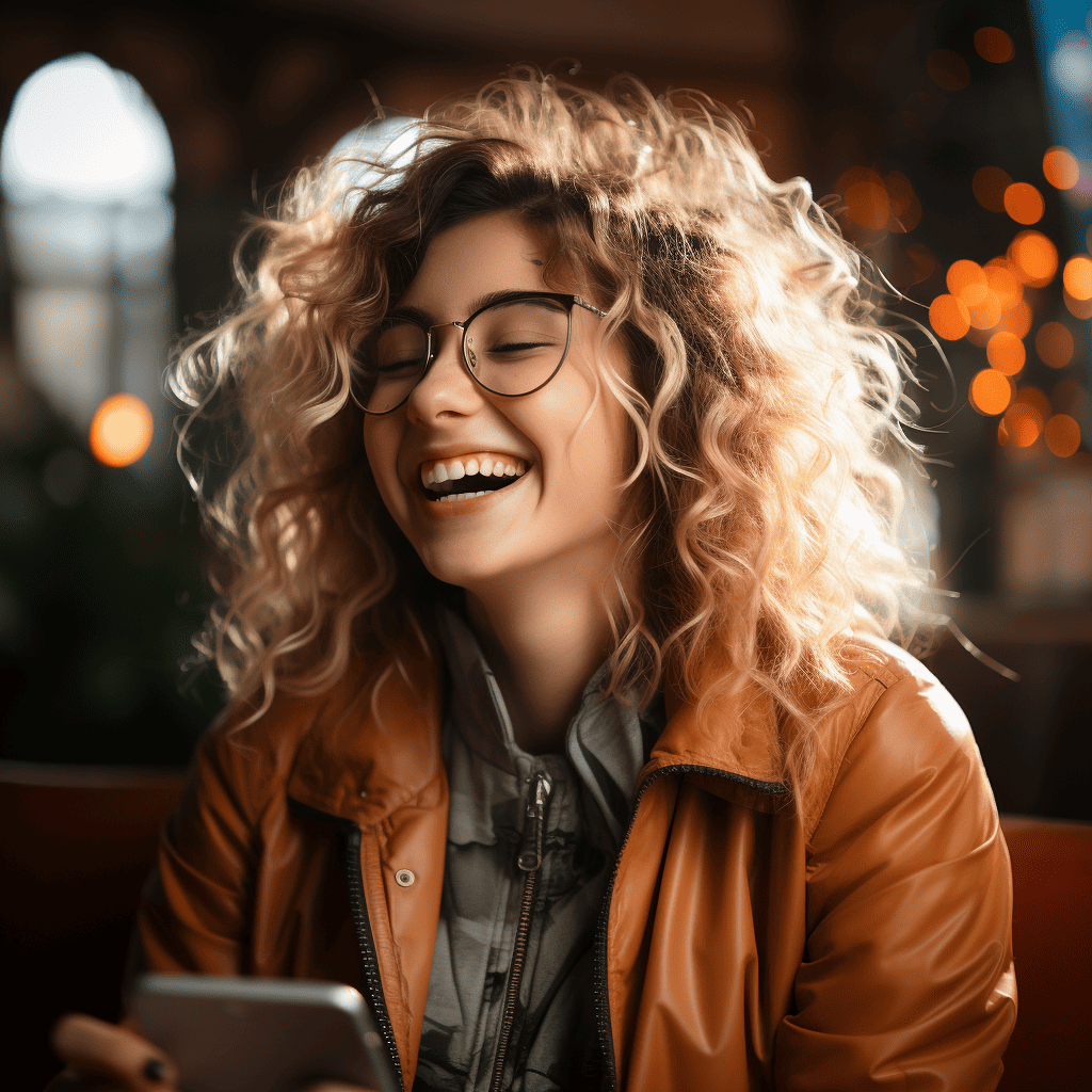 A girl with curly blonde hair laughing at her phone.