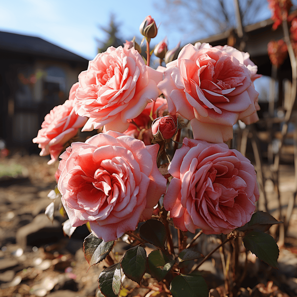 A bouquet of hybrid pink roses in a backyard garden.