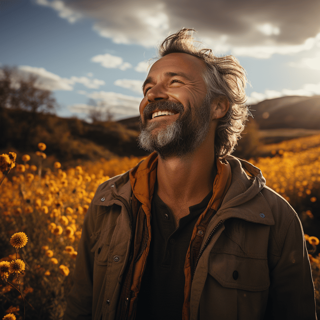 A man with a bit of grey on his beard smiling with yellow flowers all around.