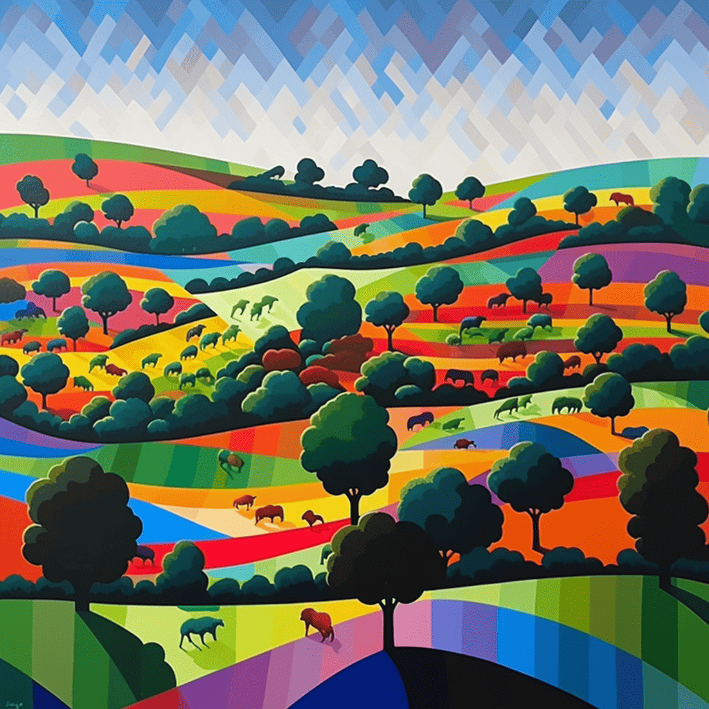 Op Art painting of a country scene