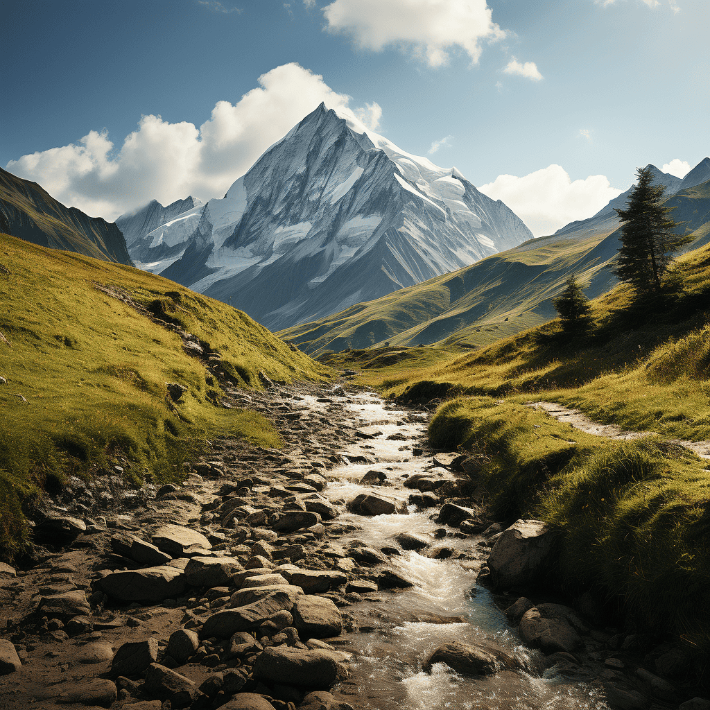 A trail with a stream running along side of it. An amazing mountain can be seen ahead.
