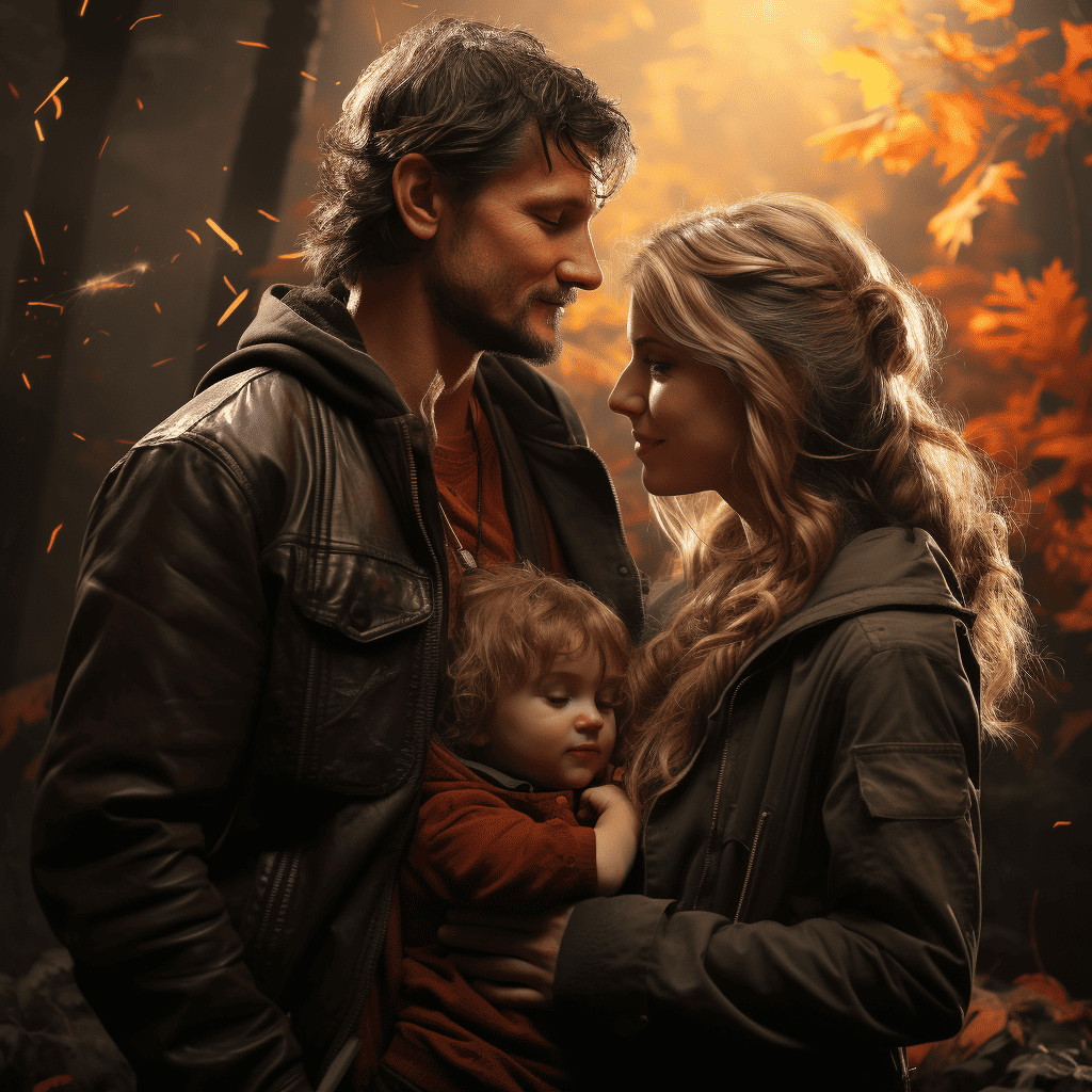 A dad and mom with their toddler in an autumnal scene.