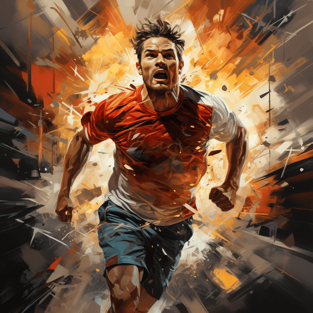 A man with an orange shirt running very fast in a dynamic scene.